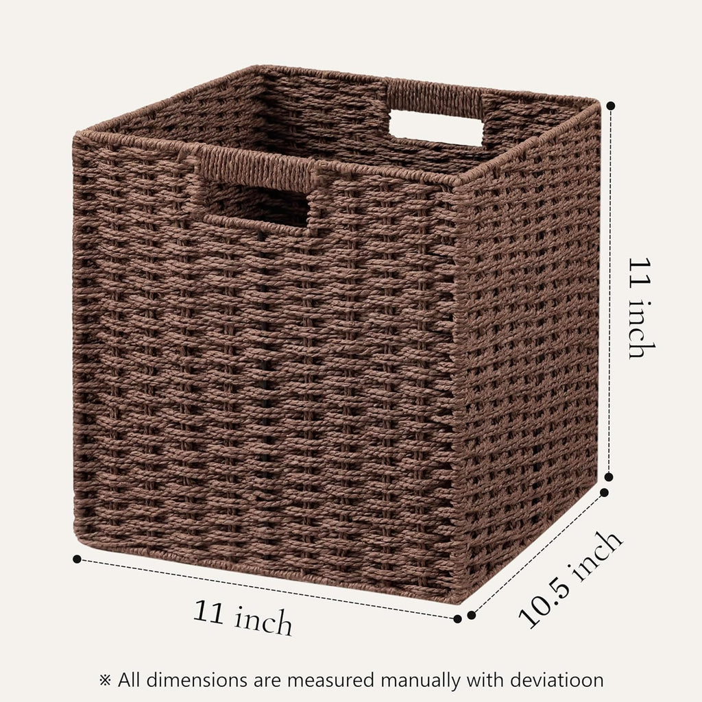 UBBCARE 3 Pack Wicker Basket, 11L×11H×10.5W inch Woven Paper Rope Storage Baskets for Shelves, Foldable Cube Storage bin with Handle, Storage Basket for Organizing & Decor, Brown