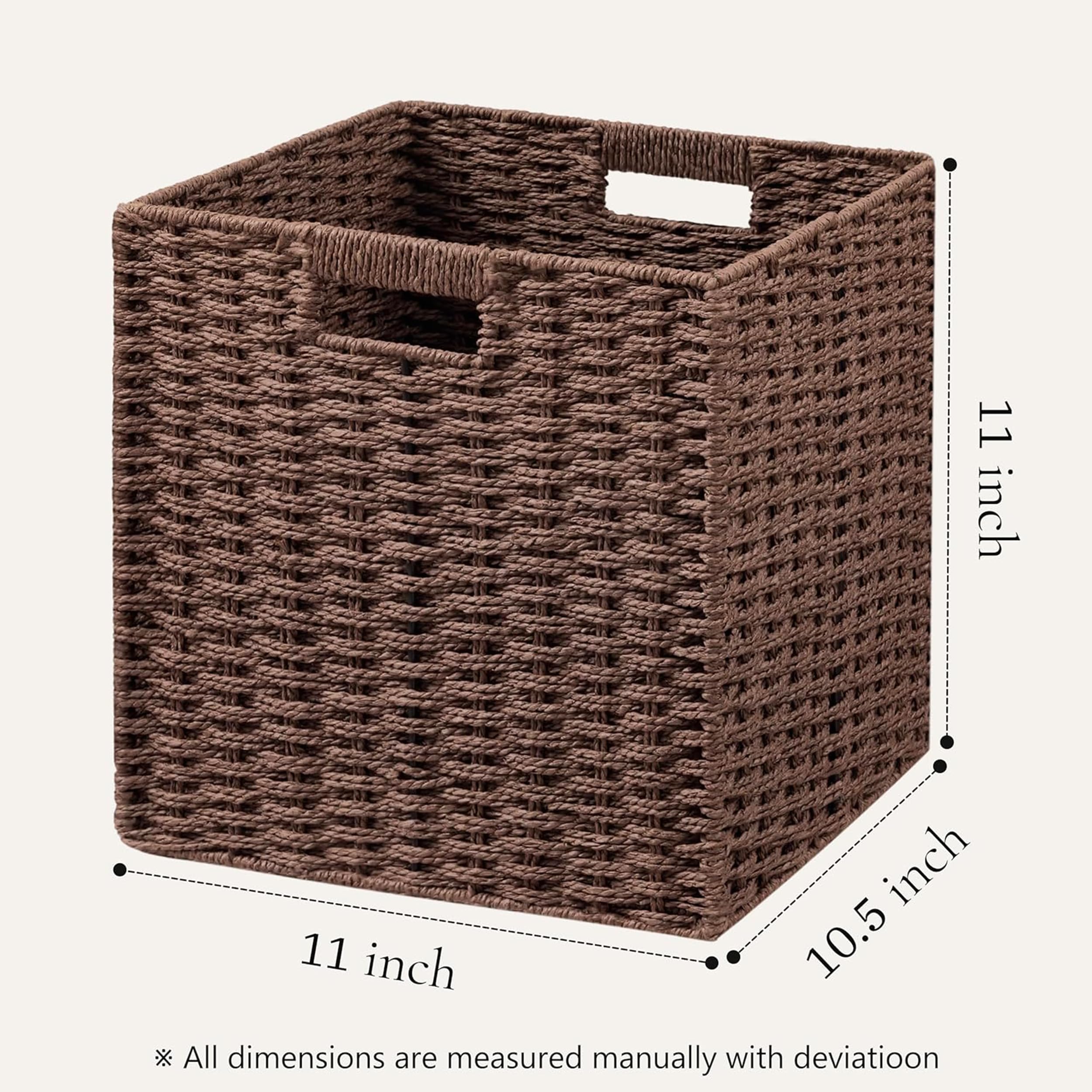 UBBCARE 3 Pack Wicker Basket, 11L×11H×10.5W inch Woven Paper Rope Storage Baskets for Shelves, Foldable Cube Storage bin with Handle, Storage Basket for Organizing & Decor, Brown