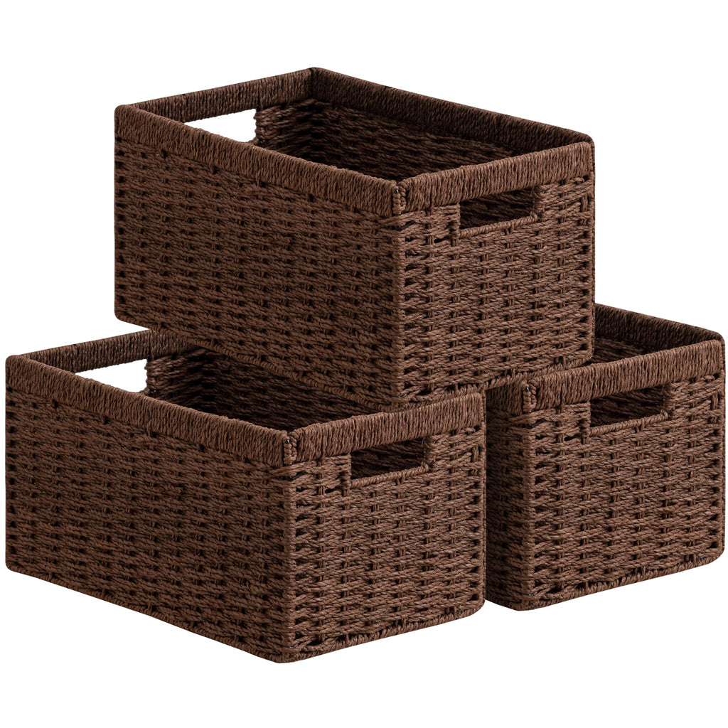 UBBCARE 3 Pack Wicker Basket, 13.4L×8.3H×7.1W inch Woven Paper Rope Storage Baskets for Shelves, Foldable Rectangular Storage Baskets with Handle, Storage Basket for Organizing, Dark Brown