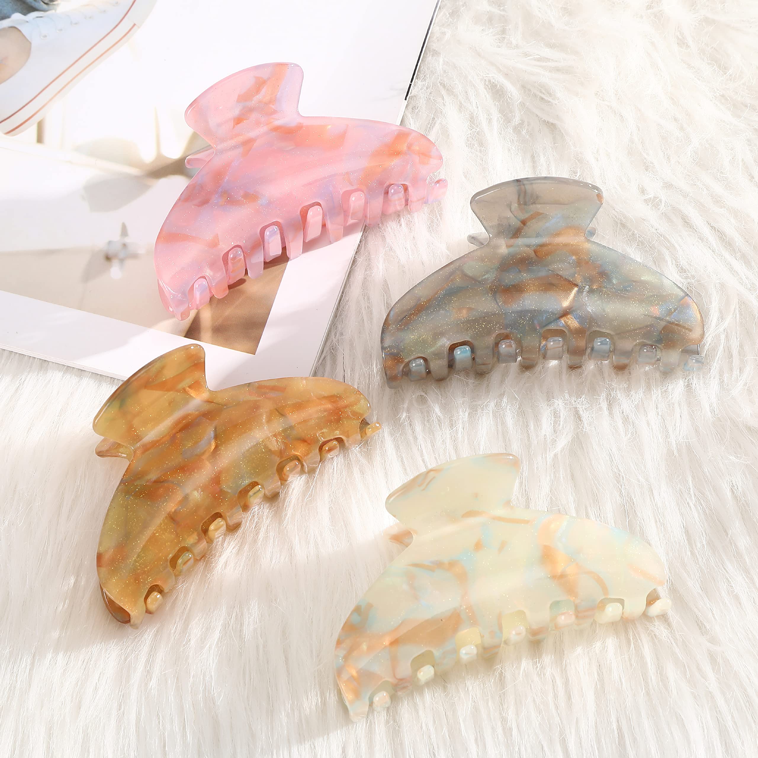 4Pcs Large Acrylic Hair Claw Clips - Strong Hold Thick Hair Banana Barrettes for Women Girls (Hair Clips, Banana(gray/champagne/green/pink))