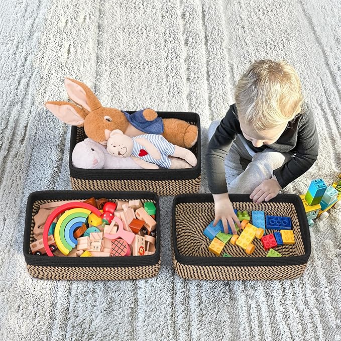 Goodpick Storage Baskets, Shelf Baskets for Organizing Dog Toy Basket Closet Organizer Bins Nursery Woven Basket for Storage Cube Decorative Box 3 Pack, Black & Jute, 13 x 8 x 5 in