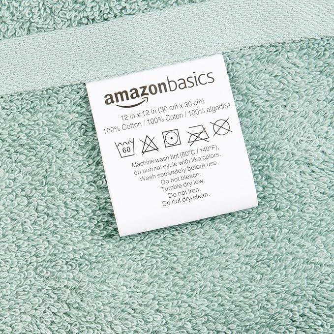 Amazon Basics Cotton Washcloths for Bathroom,Fast Drying,Extra Absorbent,12 x 12 in,Seafoam Green,Ice Blue,White,(Pack of 144)