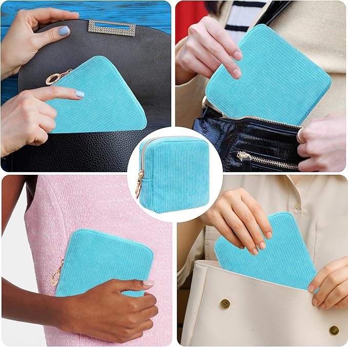 Period Bag for Girls, Corduroy Sanitary Napkin Storage Bag, Period Pouch & Tampon Holder, Feminine Care Organizer（Sky Blue）