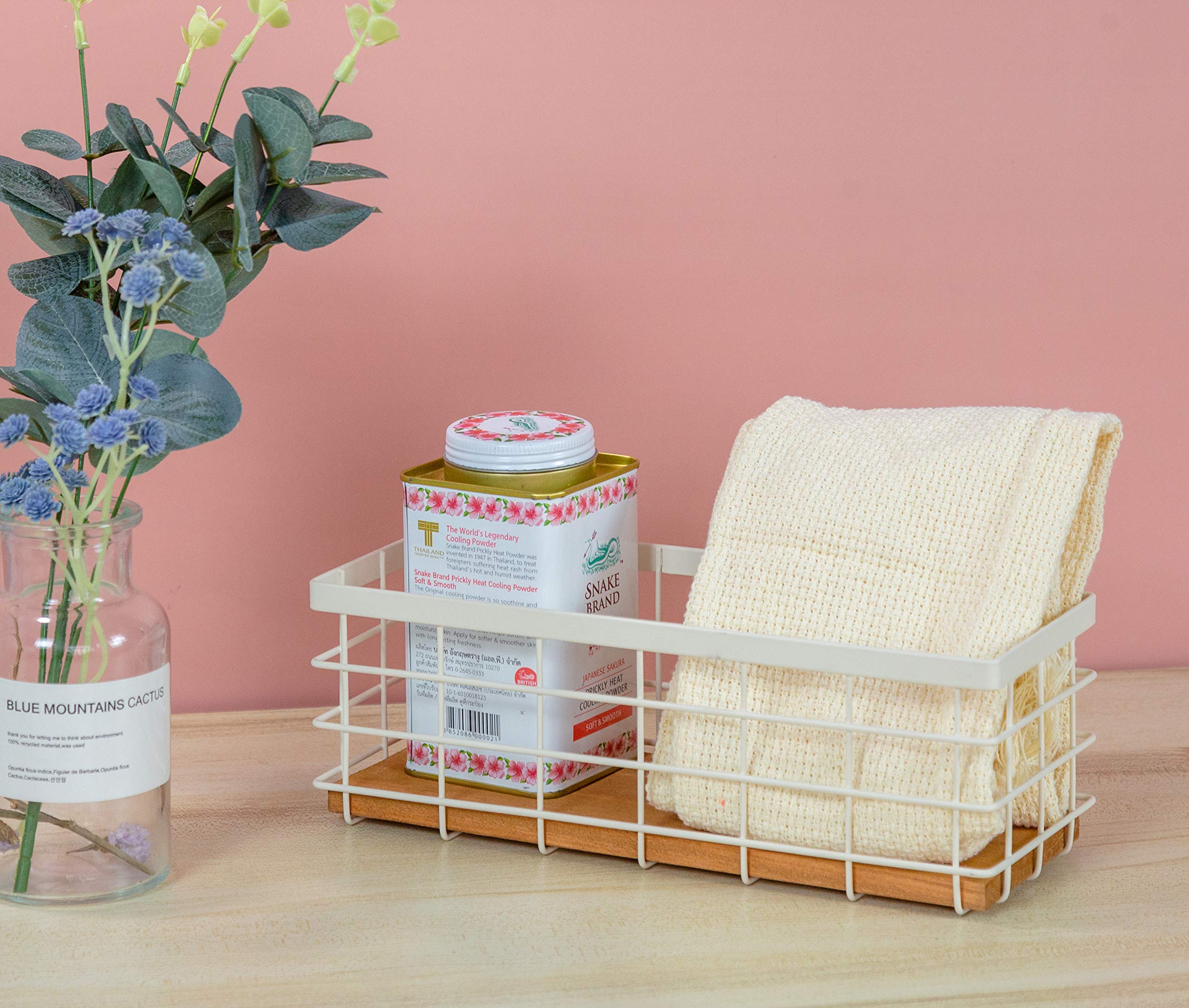 TIEYIPIN Small Metal Wire Storage Basket, Detachable Wood Base Storage Organizer Bin Basket for Kitchen Cabinets, Bathroom, Pantry, Garage, Laundry Room (Cream White, 2 Pack)