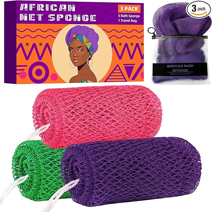 African Net Sponge Authentic, 3 Pieces Exfoliating Scrubber Bath Sponge for All Skin Types, Back Scrubber Loofah Washcloth for Shower, Gentle Exfoliation (Rose Red,Purple,Green)