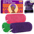African Net Sponge Authentic, 3 Pieces Exfoliating Scrubber Bath Sponge for All Skin Types, Back Scrubber Loofah Washcloth for Shower, Gentle Exfoliation (Rose Red,Purple,Green)