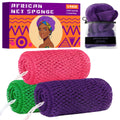 African Net Sponge Authentic, 3 Pieces Exfoliating Scrubber Bath Sponge for All Skin Types, Back Scrubber Loofah Washcloth for Shower, Gentle Exfoliation (Rose Red,Purple,Green)