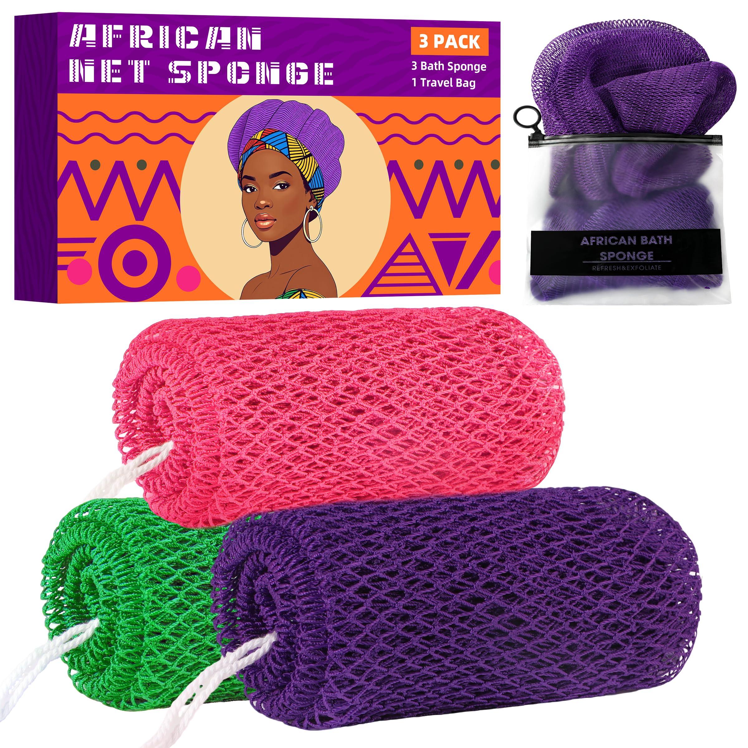 African Net Sponge Authentic, 3 Pieces Exfoliating Scrubber Bath Sponge for All Skin Types, Back Scrubber Loofah Washcloth for Shower, Gentle Exfoliation (Rose Red,Purple,Green)