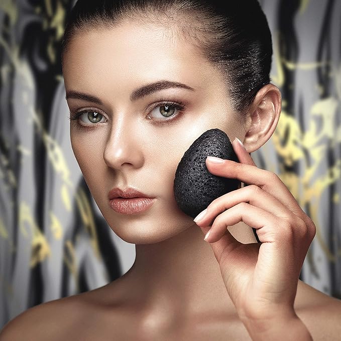 Konjac Sponge for Face | All Natural and Reusable | Konjac Facial Sponge with Activated Bamboo Charcoal | Gentle Exfoliating Sponge for Face | Cleaning for All Skin Types | Biodegradable - Black
