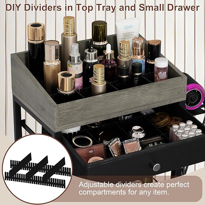 NauwaBarn Makeup Organizer Cart with 3 Drawers, Rolling Cosmetic Storage Cart with Adjustable Dividers, Detachable Hair Tool Holder & Lockable Wheels, Vanity Organizer for Small Spaces, Black & Grey