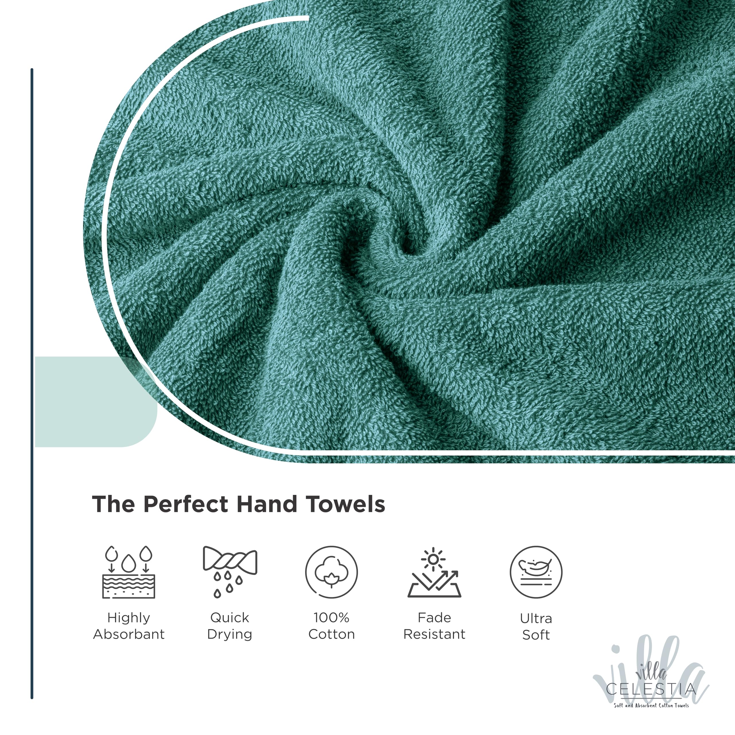 Villa Celestia 12-Piece 100% Cotton Towel Set, 4 Bath Towels, 4 Hand Towels, 4 Wash Cloth, Quick-Dry, Teal