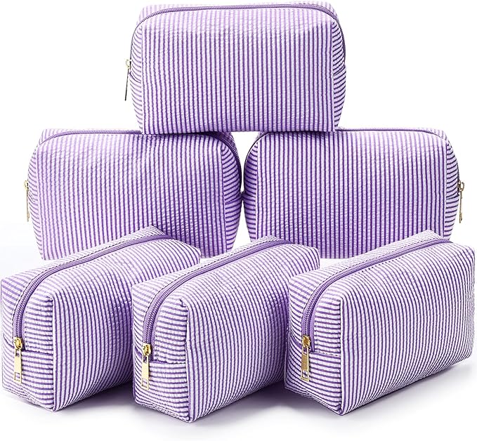 Sanwuta 6 Pcs Seersucker Cosmetic Bags Bulk Seersucker Makeup Bags Stripe Women Pouch Large Preppy Storage Pouch Toiletry Travel for Wedding Bridesmaid Bride Favor Back to Teacher Gift (Purple)