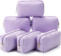 Sanwuta 6 Pcs Seersucker Cosmetic Bags Bulk Seersucker Makeup Bags Stripe Women Pouch Large Preppy Storage Pouch Toiletry Travel for Wedding Bridesmaid Bride Favor Back to Teacher Gift (Purple)