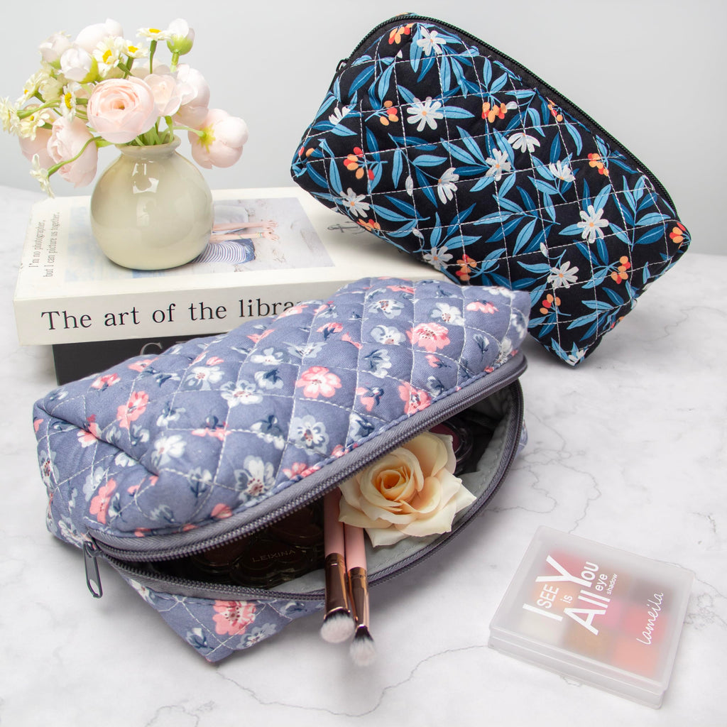 PAZIMIIK Small Quilted Makeup Bag,Zipper Cosmetic Pouch,Grey Floral