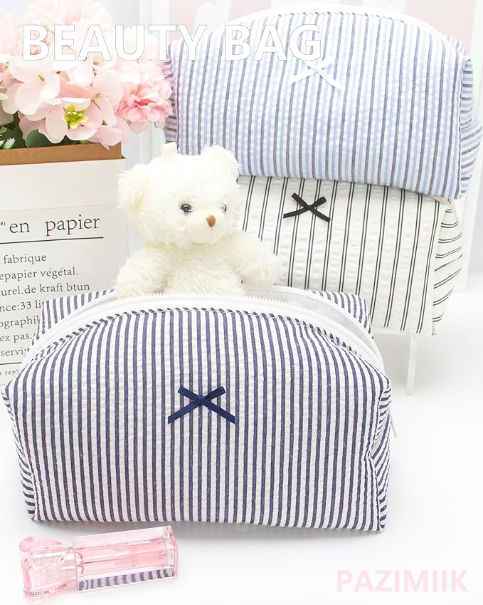 Cozy Makeup Bag for Women,Zipper Cosmetic Pouch,Stripe Navy Blue,2 Pack