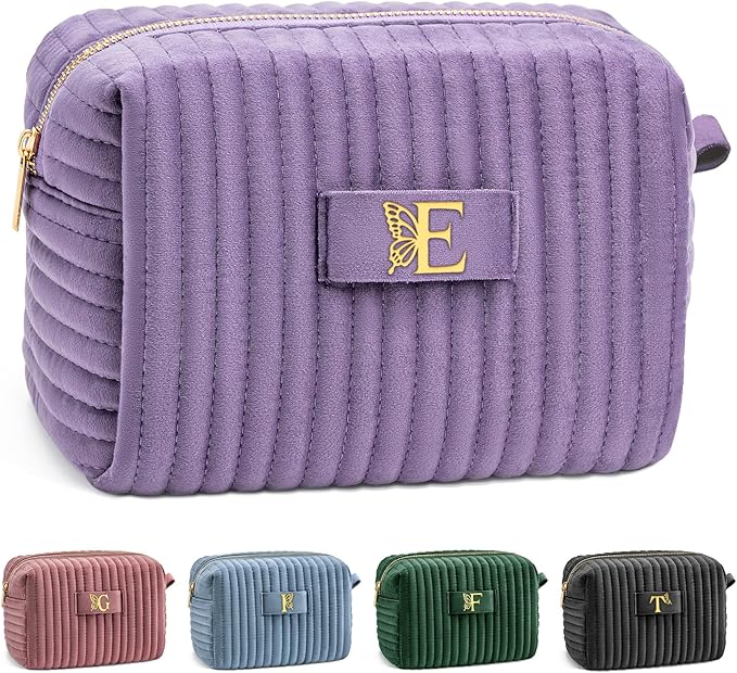 COSHAYSOO Travel Makeup Bag Quilted Make Up Pouch Initial Cosmetic Case with Butterfly Decorations for Women Lipstick Glossier Lipgloss Lip Stain Moisturizer Mascara Eyeliner Organizer Black Letter P