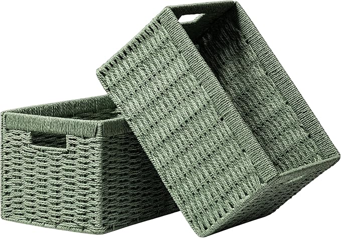 UBBCARE 2 Pack Wicker Basket, 13.4L×8.3H×7.1W inch Woven Paper Rope Storage Baskets for shelves, Foldable Rectangular Storage Baskets with Handle, Storage Basket for Organizing, Green