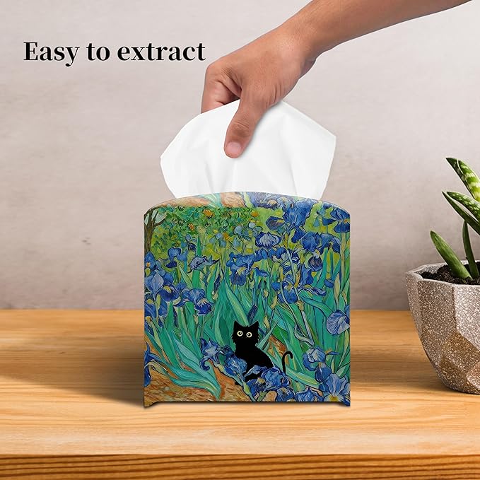 Grace Yonks Art Tissue Box Cover Square - Black Cat Among Irises Design 5.2" PU Leather Holder for Vanity, Desk, or Bathroom Counter - Cube Case for Facial Tissues. (121)