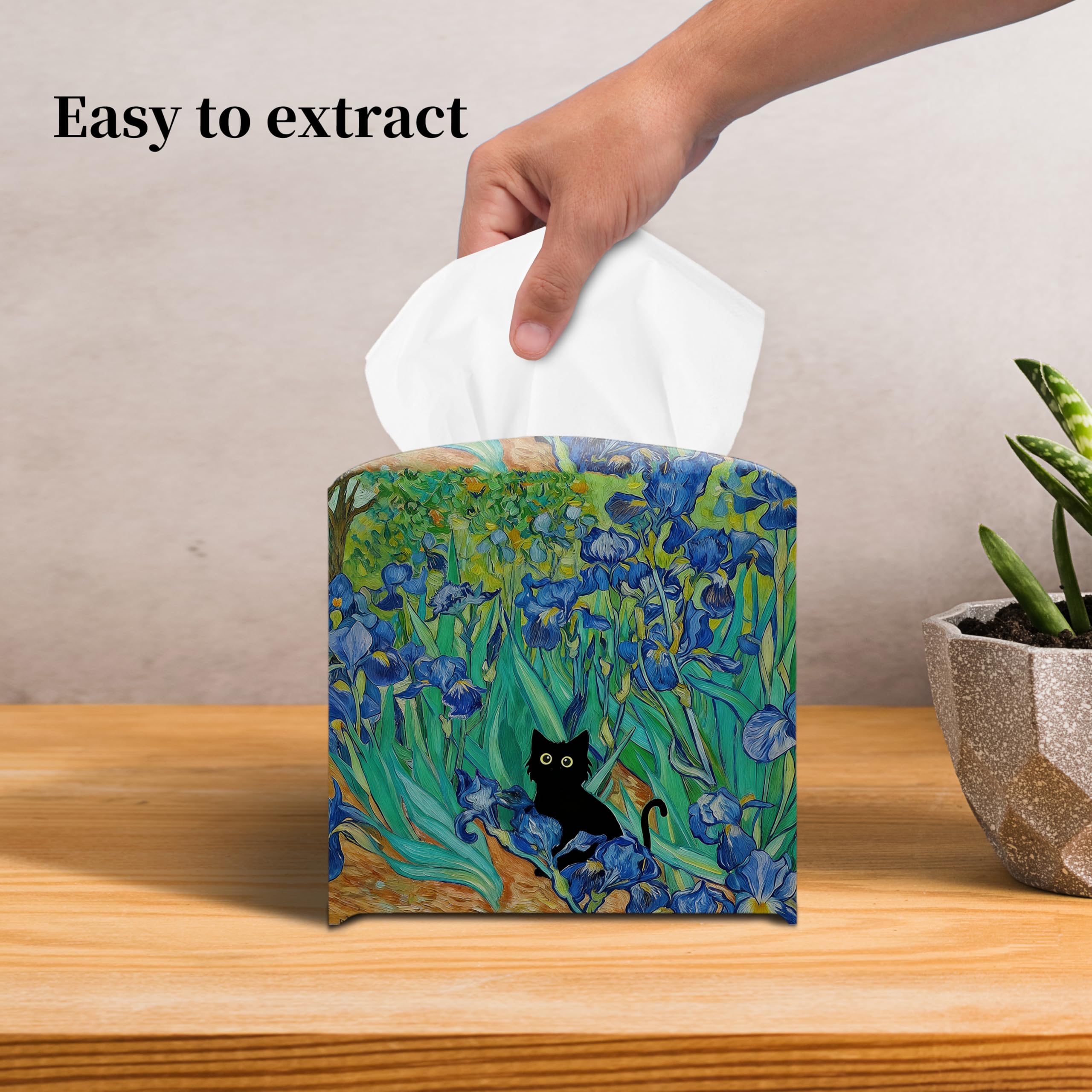 Grace Yonks Art Tissue Box Cover Square - Black Cat Among Irises Design 5.2" PU Leather Holder for Vanity, Desk, or Bathroom Counter - Cube Case for Facial Tissues. (121)