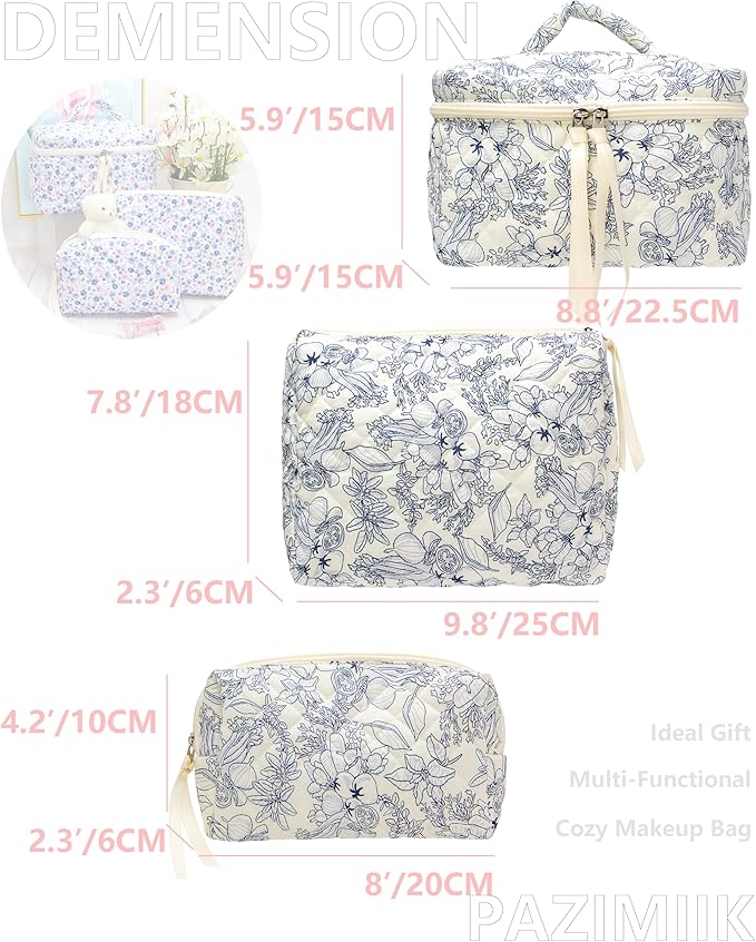 PAZIMIIK 3PCS Makeup Bag SET Large Travel Quilted Zipper Soft Cosmetic Case Pouch for Women Girls Make Up,Jouy Blue