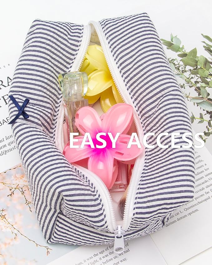 PAZIMIIK Cozy Makeup Bag for Women,Zipper Cosmetic Pouch,Stripe Navy Blue
