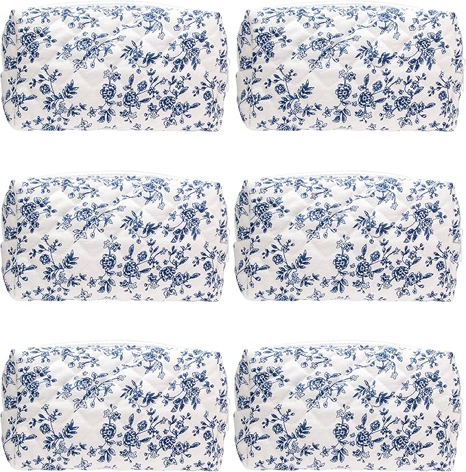 PAZIMIIK Small Quilted Makeup Bag,Zipper Cosmetic Pouch,Jouy Blue,6 Pack