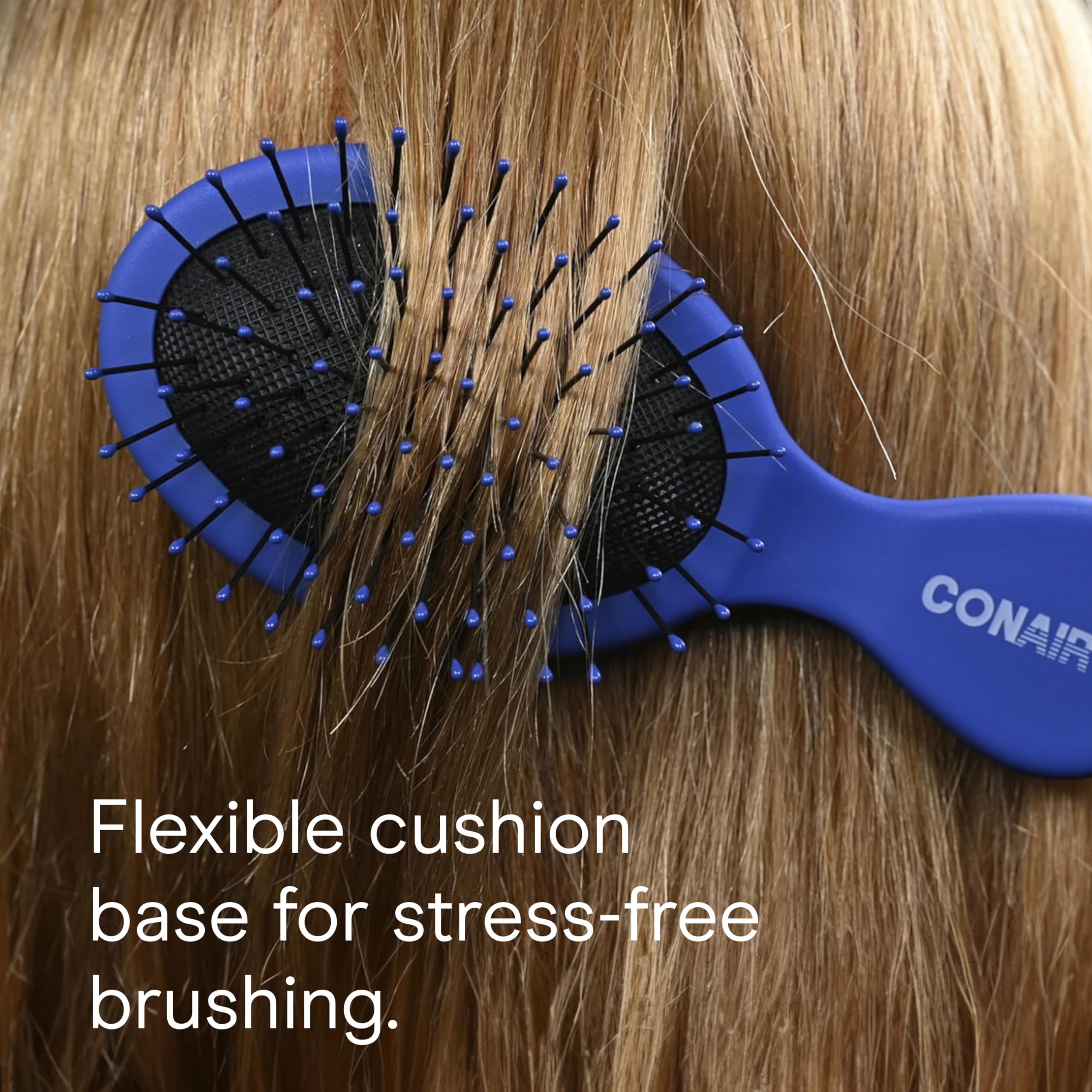 Conair Detangling Mini Hair Brush Set, 3-Pack Detangler Brushes for Wet or Dry Hair, Gentle Detangler for All Hair Types, Bristle Hair Brushes for Women, Travel Size, Pink, Gray, and Blue