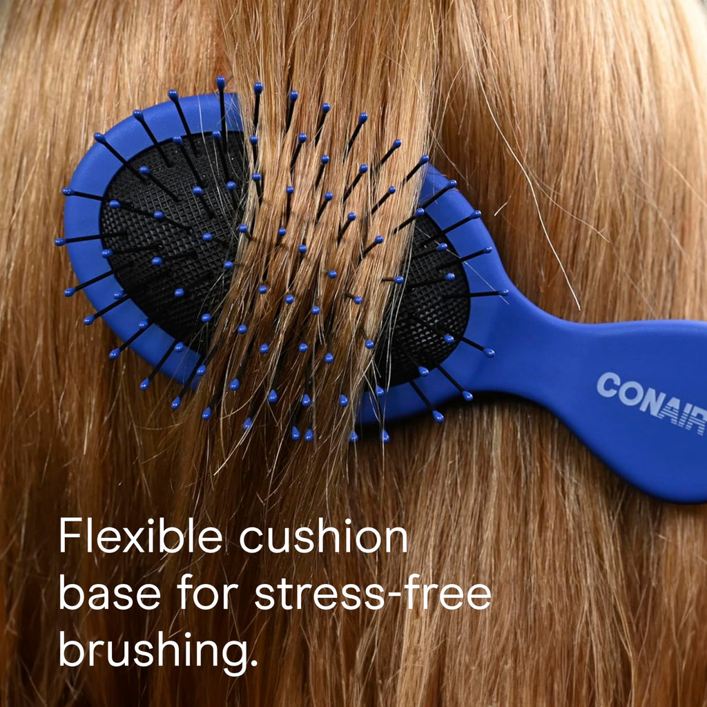 Conair Detangling Mini Hair Brush Set, 3-Pack Detangler Brushes for Wet or Dry Hair, Gentle Detangler for All Hair Types, Bristle Hair Brushes for Women, Travel Size, Pink, Gray, and Blue