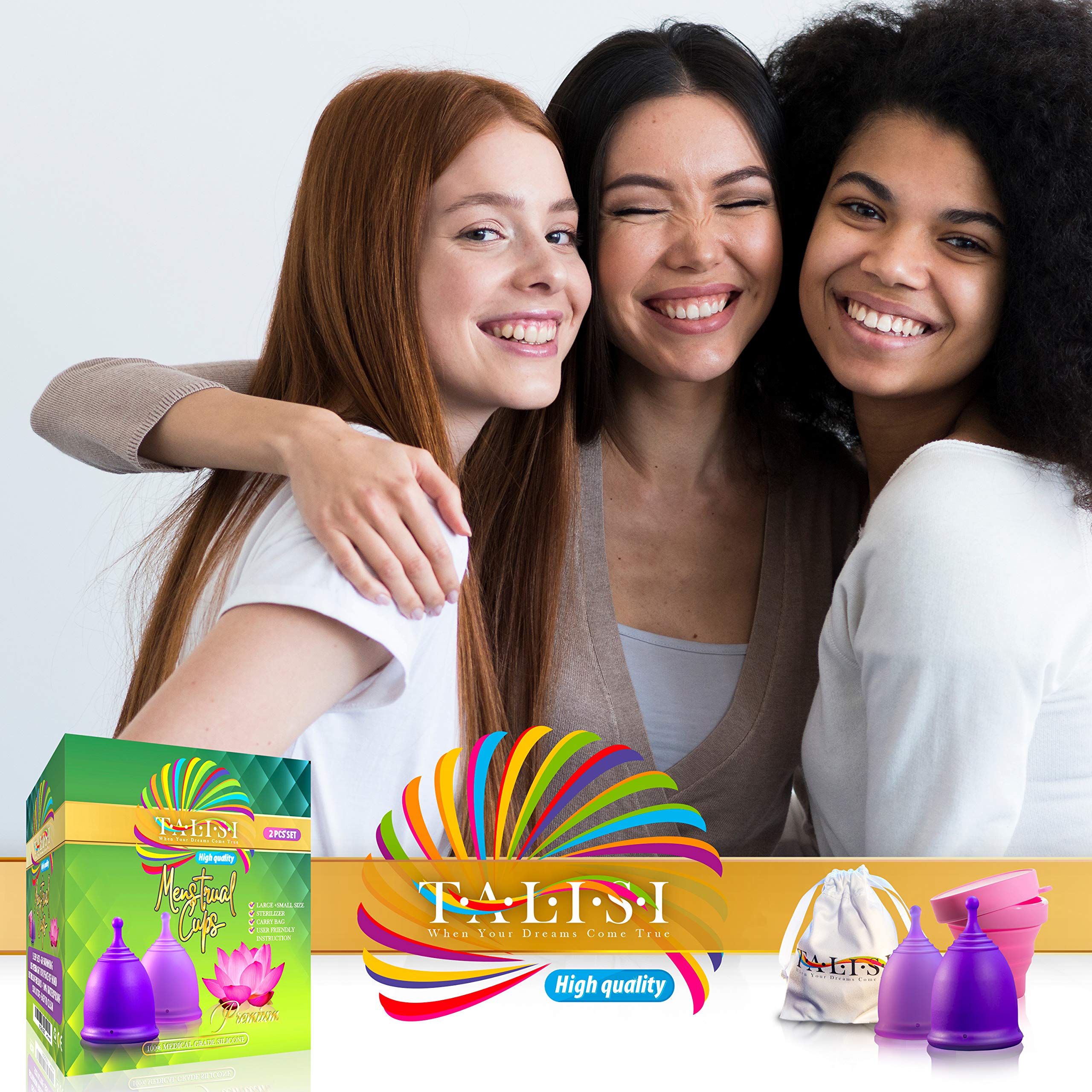 Talisi Reusable Menstrual Cup (Small & Large) Set of 2 with Foldable Silicone Sterilizer, Copa Menstruelle, Soft Period Cup, Heavy & Light Flow, Feminine Hygiene, Tampons, Pads & Disc Alternative