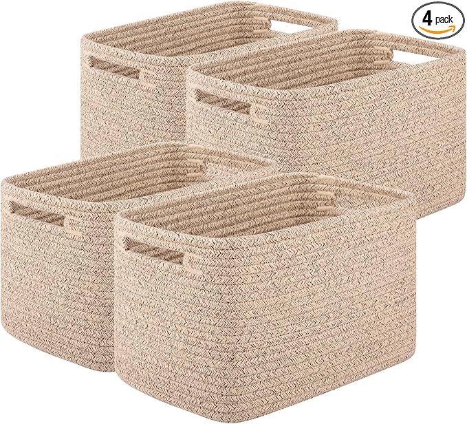 Storage Baskets for Organizing, Woven Decorative Baskets for Shelves - Books, Towels, and Clothes, Cotton Rope Toy Storage Bins, 12.7''Lx9''Wx7.8''H, Pack of 4, Brown