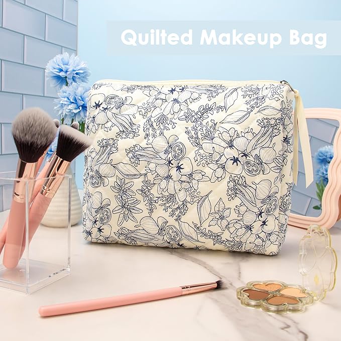 PAZIMIIK Quilted Makeup Bag Large Travel Zipper Soft Cosmetic Pouch for Women Girls Make Up,Jouy Blue