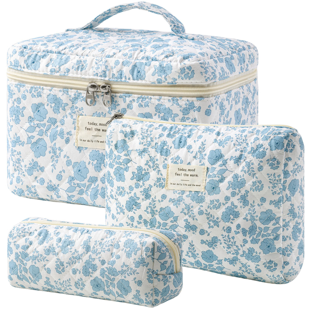 HBselect Quilted Makeup Bag, 3Pcs Cotton Large Travel Makeup Bags Organizer