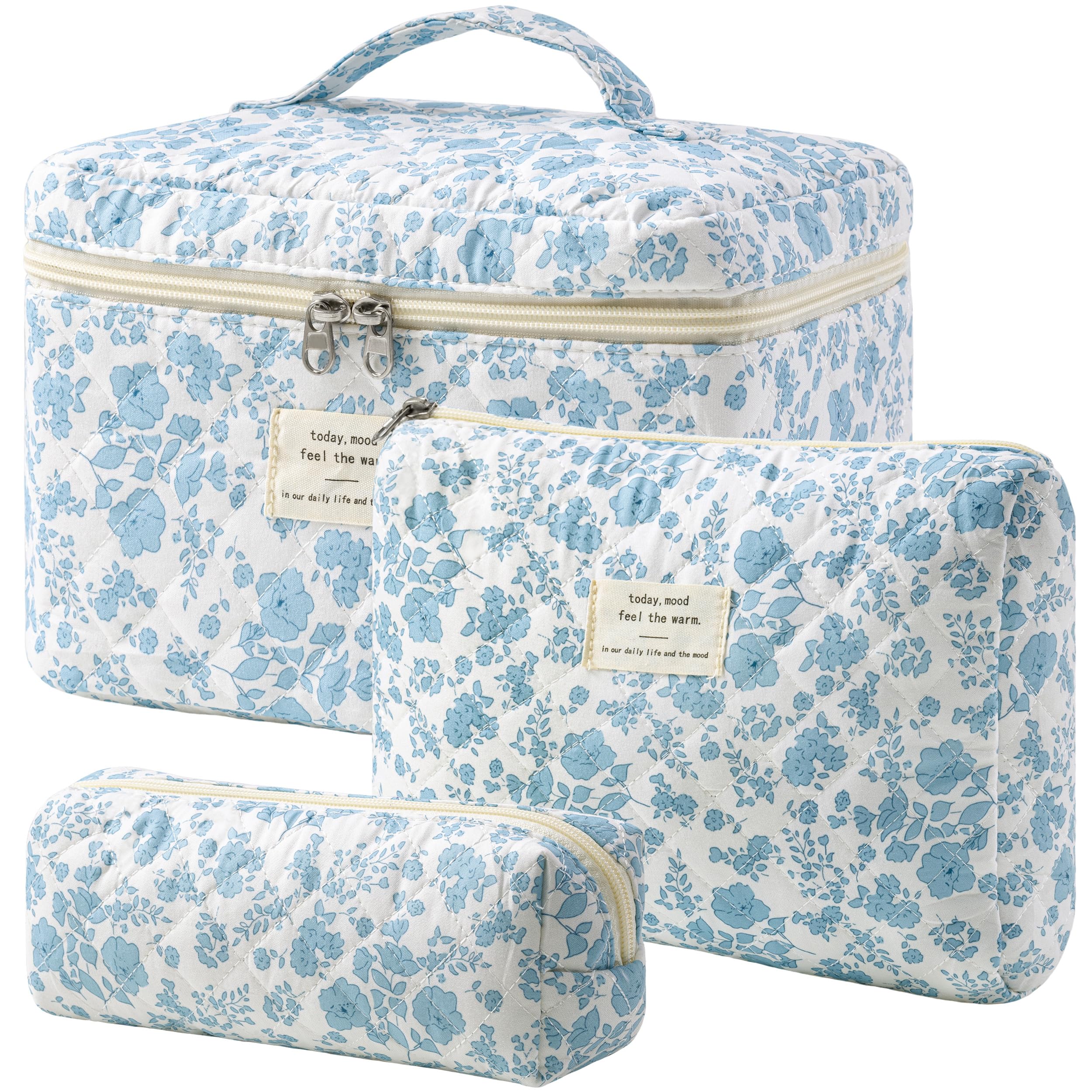 HBselect Quilted Makeup Bag, 3Pcs Cotton Large Travel Makeup Bags Organizer