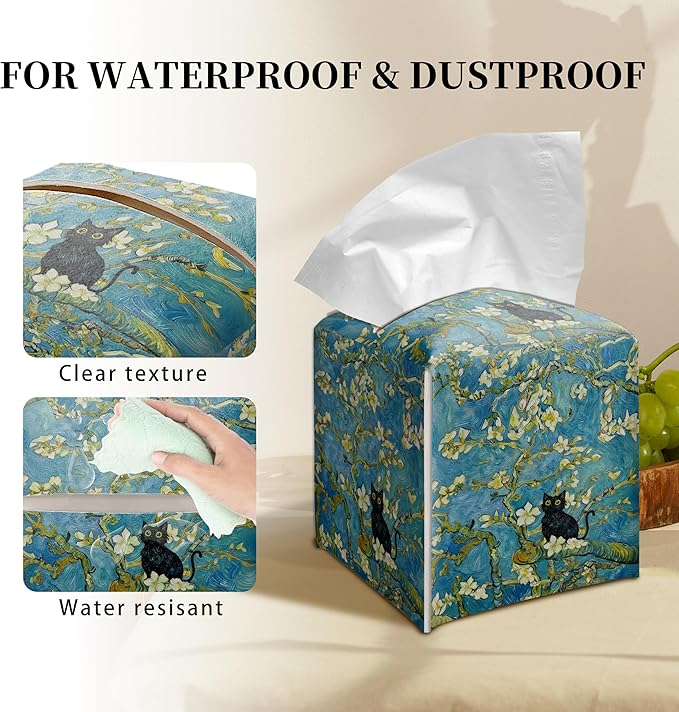 Grace Yonks Art Tissue Box Cover Square - Black Cat on Blossoming Branch Design 5.2" PU Leather Holder for Vanity, Desk, or Bathroom Counter - Cube Case for Facial Tissues. (122)
