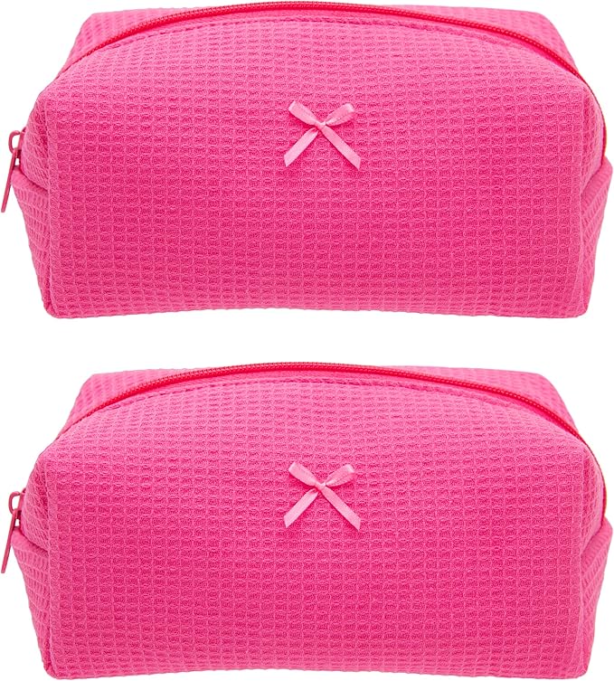 Cozy Makeup Bag for Women,Zipper Cosmetic Pouch,Waffle Hotpink,2 Pack