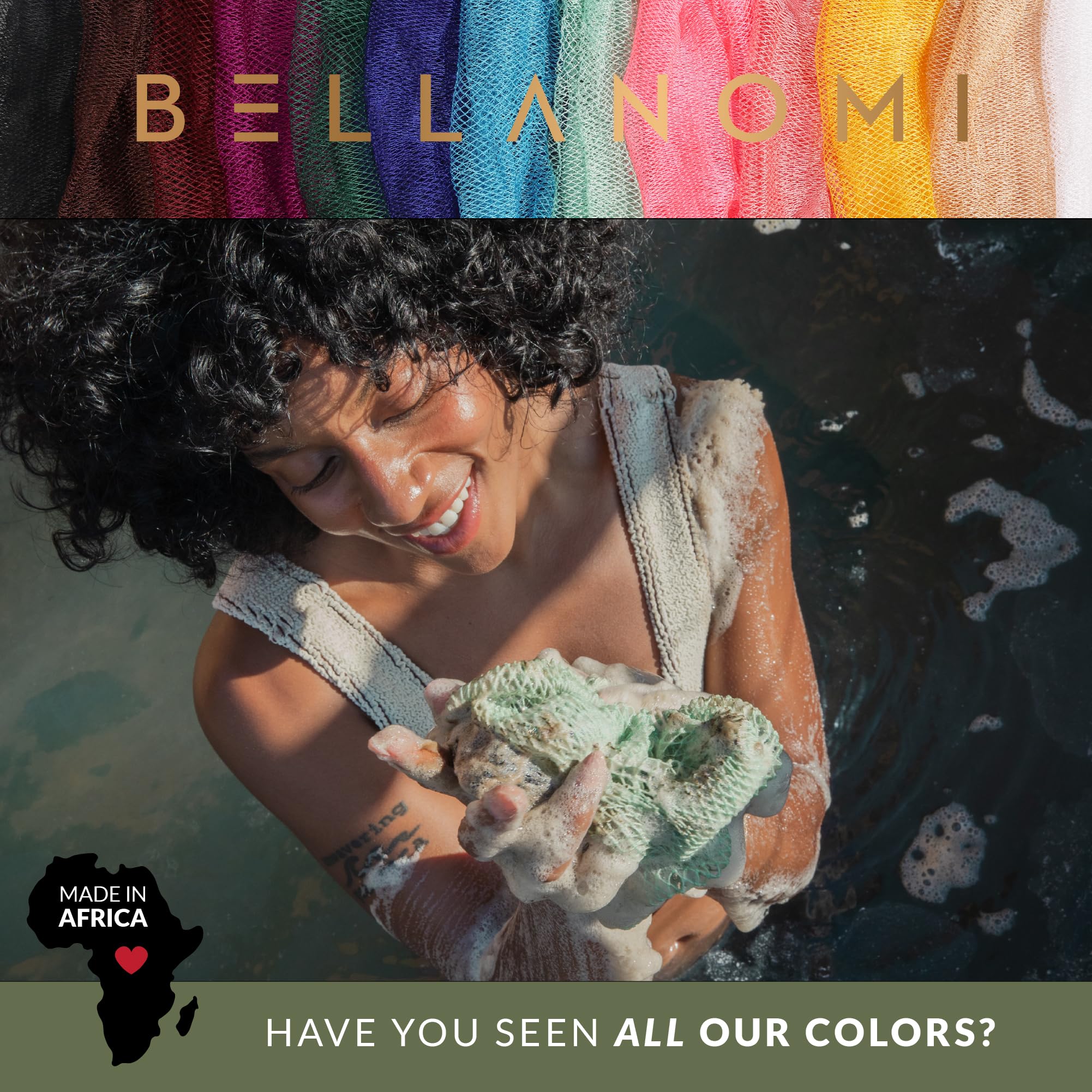 BELLANOMI African Exfoliating Net Sponge, Authentic, Ethically sourced from Nigeria, 45 inches Long, Back Scrubber for Daily use (Seafoam)