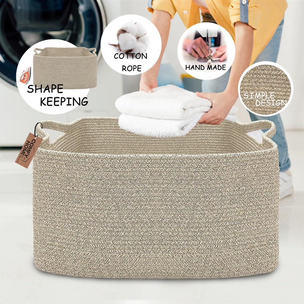 COMFY-HOMI Large Rectangular Blanket, Cotton Rope Woven for Storage, LaundryHamper, Storage,Toy Organizing Bin with Handle, Organizer and Storage-22x15x12-