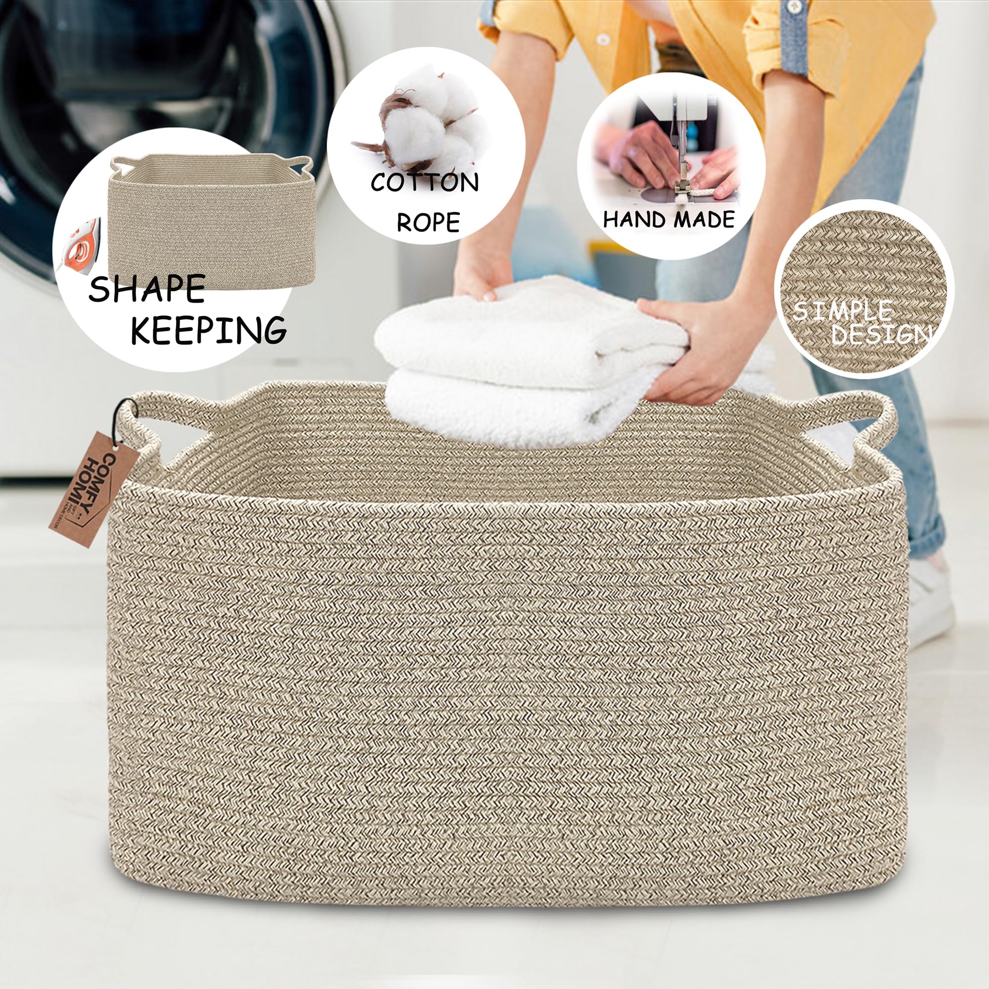 COMFY-HOMI Large Rectangular Blanket, Cotton Rope Woven for Storage, LaundryHamper, Storage,Toy Organizing Bin with Handle, Organizer and Storage-22x15x12-