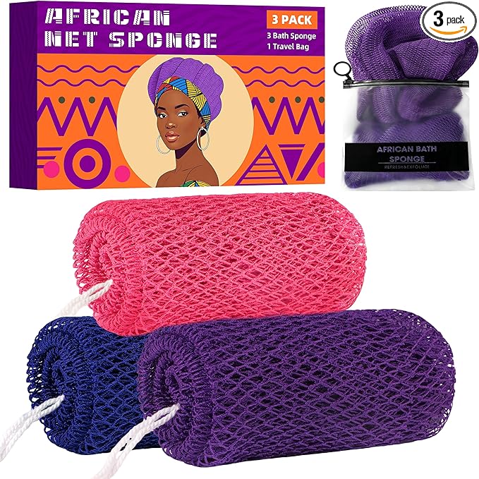 African Net Sponge Authentic, 3 Pieces Exfoliating Scrubber Bath Sponge for All Skin Types, Back Scrubber Loofah Washcloth for Shower, Gentle Exfoliation (Pink,Purple,Dark Blue)
