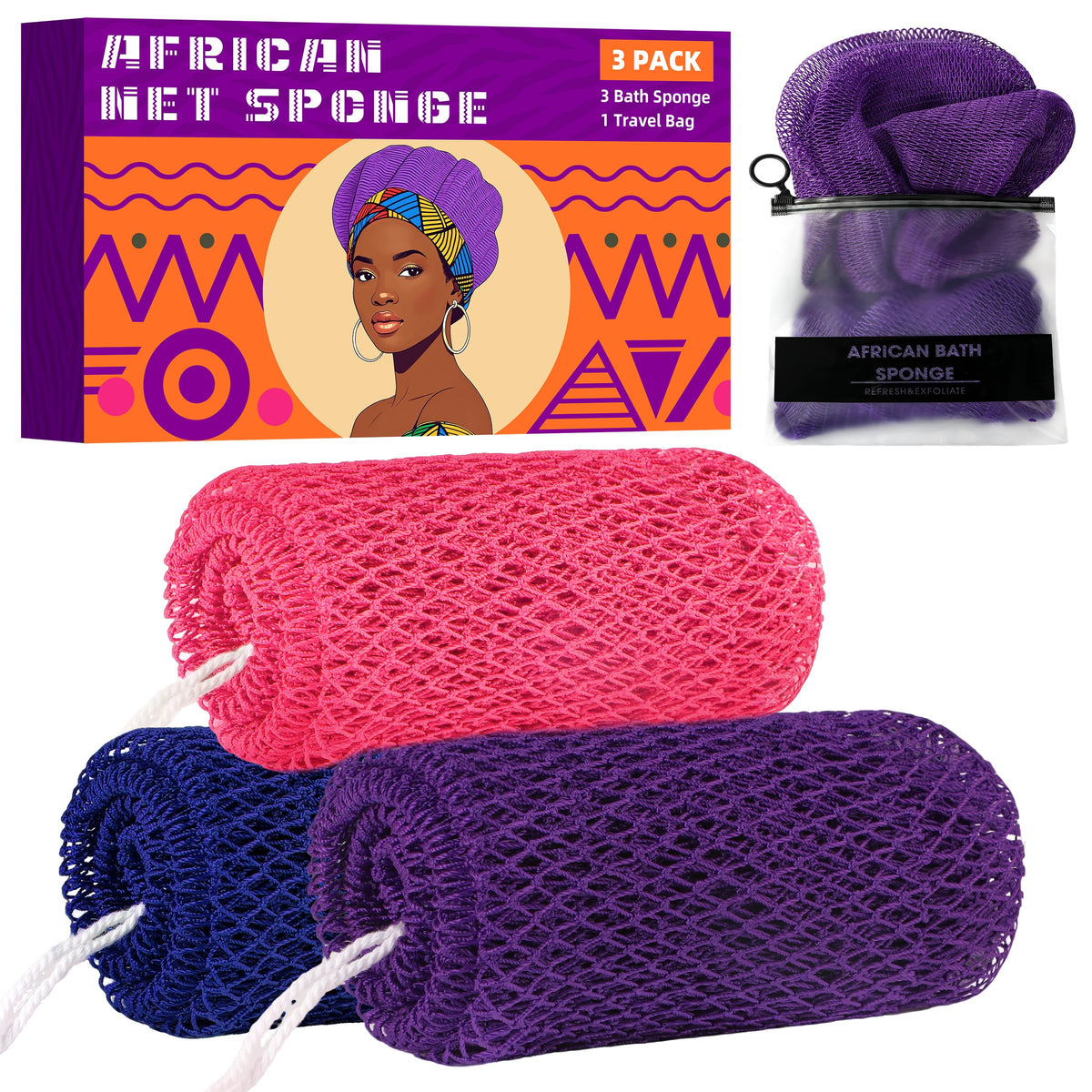 African Net Sponge 3 Pack with Travel Bag (Purple/Pink/Green)