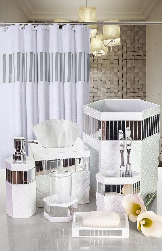 Creative Scents Quilted Mirror White Shower Curtain Hooks - Set of 12 Shower Curtain Rings Durable Sturdy Constructed - Decorative Smooth Gliding Shower Hooks for Shower Curtain