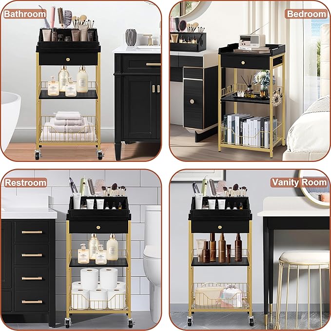 NauwaBarn Large Makeup Organizer Cart with Hair Tool Holder, Rolling Makeup Cart with Drawer, 2-in-1 Vanity Organizer Cosmetic Display Cases for Skin Care Perfume Nail Polish Brush Tools, Gold & Black