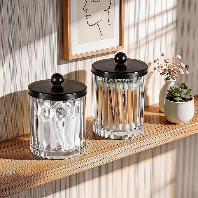 Amolliar Qtip Holder Dispenser for Cotton Swabs, Cotton Balls, Pads, Floss Picks, Clear Glass Canister Apothecary Jar, Bathroom Essential Accessories Decor, Bathroom Storage Organizer (Black, 4 Pack)