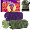 African Net Sponge Authentic, 3 Pieces Exfoliating Scrubber Bath Sponge for All Skin Types, Back Scrubber Loofah Washcloth for Shower, Gentle Exfoliation (Dark Green,Light Green,Purple)