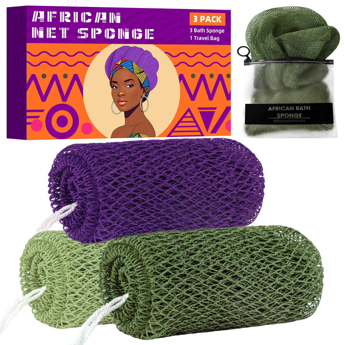 African Net Sponge 3 Pack with Travel Bag (Purple/Pink/Green)