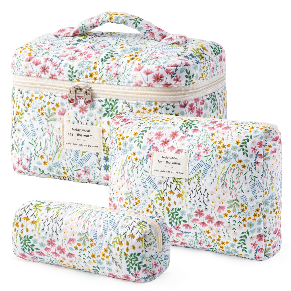 HBselect Quilted Makeup Bag, 3Pcs Cotton Large Travel Makeup Bags Organizer