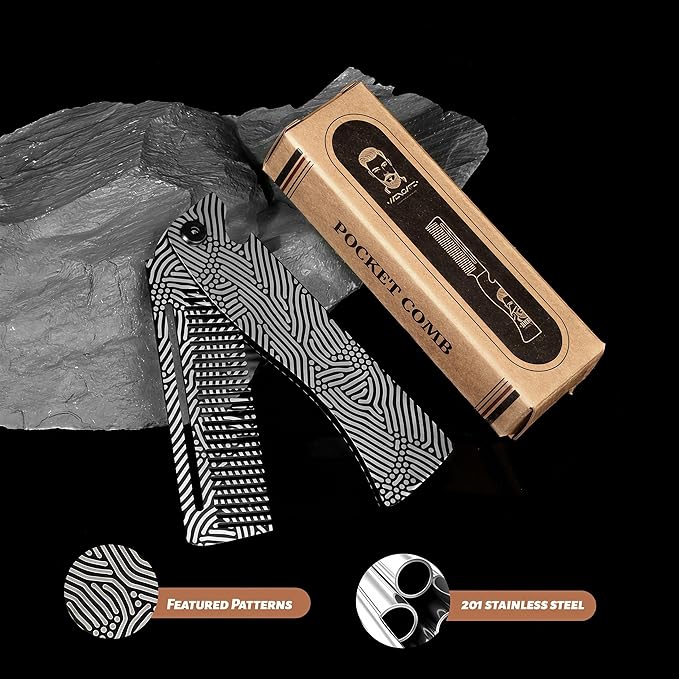 Metal Beard Comb for Men, Folding, 201Steel, Laser Engraved Handle, 0.17lb
