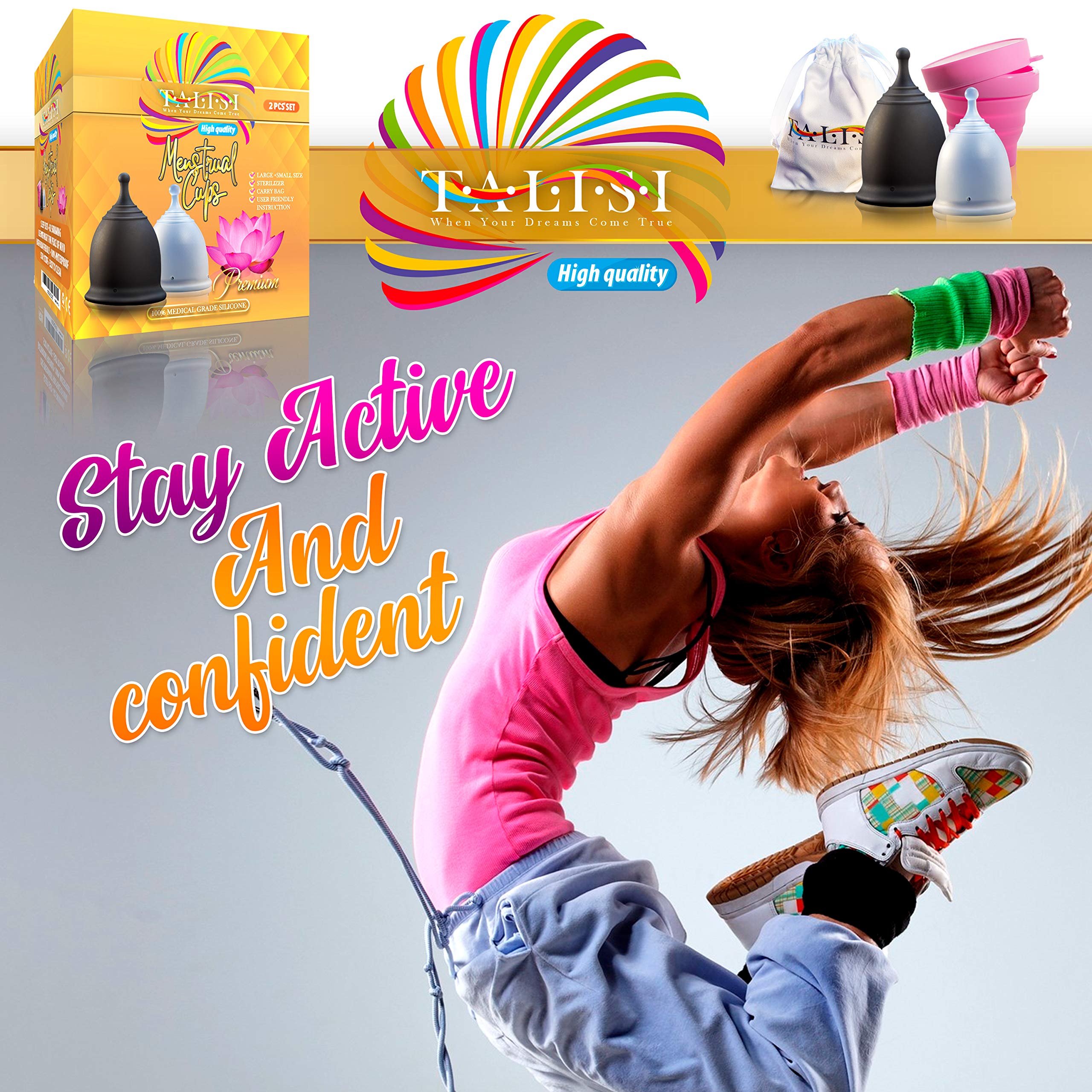 Talisi Menstrual Cups with Foldable Silicone Sterilizer - Soft Reusable Period Starter Kit - Feminine Menstruation Set - Alternative to Tampon Pad Disc - Light & Heavy Flow (Small & Large)