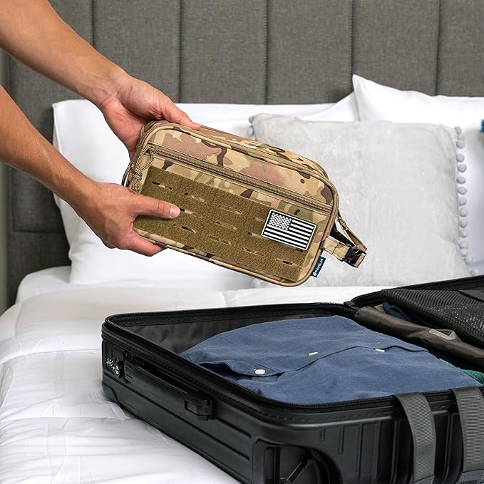 PAVILIA Tactical Toiletry Bag for Men, Water Resistant Molle Military Dopp Kit, Travel Hygiene Organizer with Wet Dry Storage for Shaving, Grooming, Gym and Camping, Camo XL