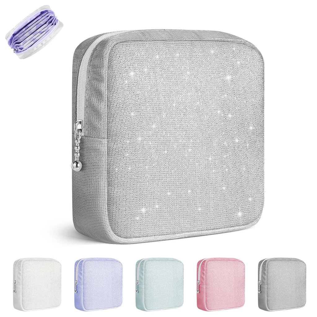 Playexen Period Bag, Sanitary Napkin Storage Bag, Period Pouches Menstrual Pad Bag Tampon Holder for Purse (Glitter-Gray)
